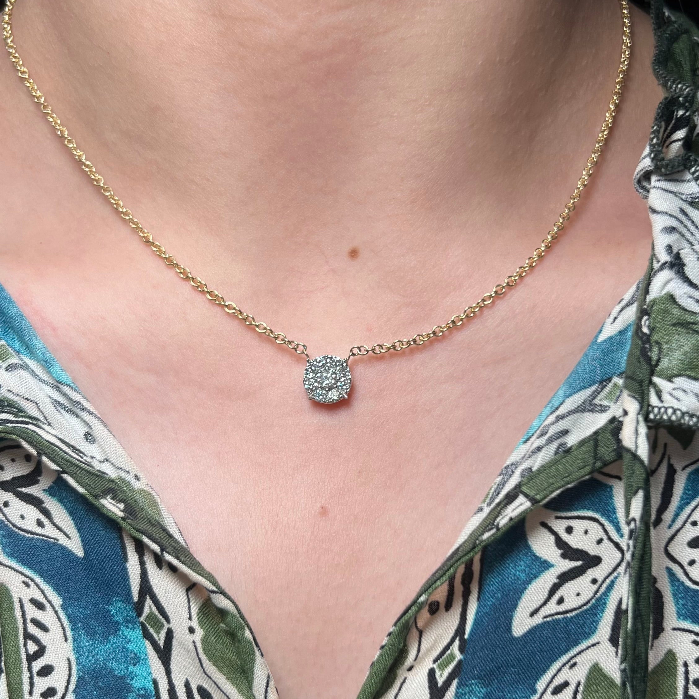 14k Yellow Gold Cluster Diamond Pendant Necklace