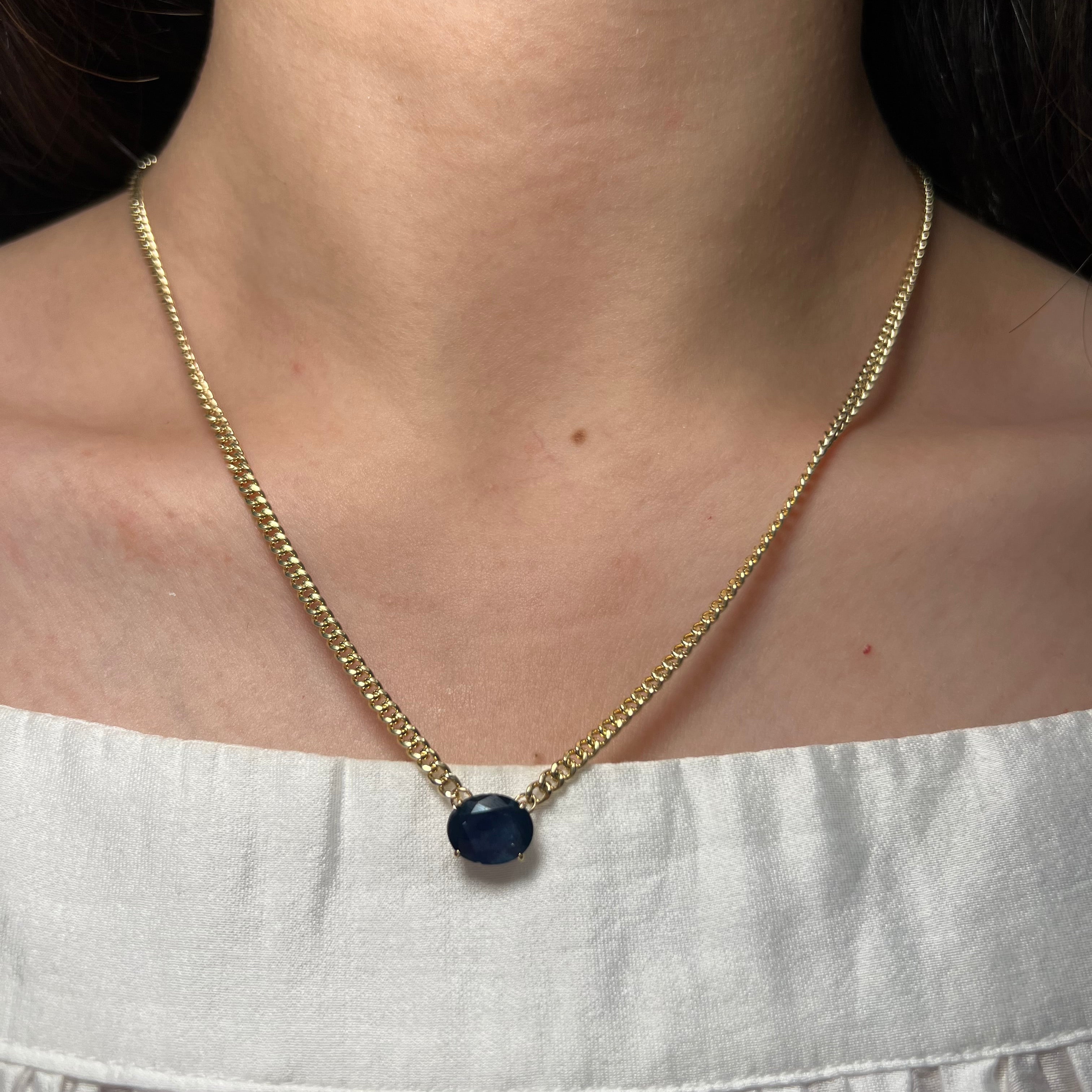 14K Yellow Gold Cuban Chain with Oval Sapphire Pendant