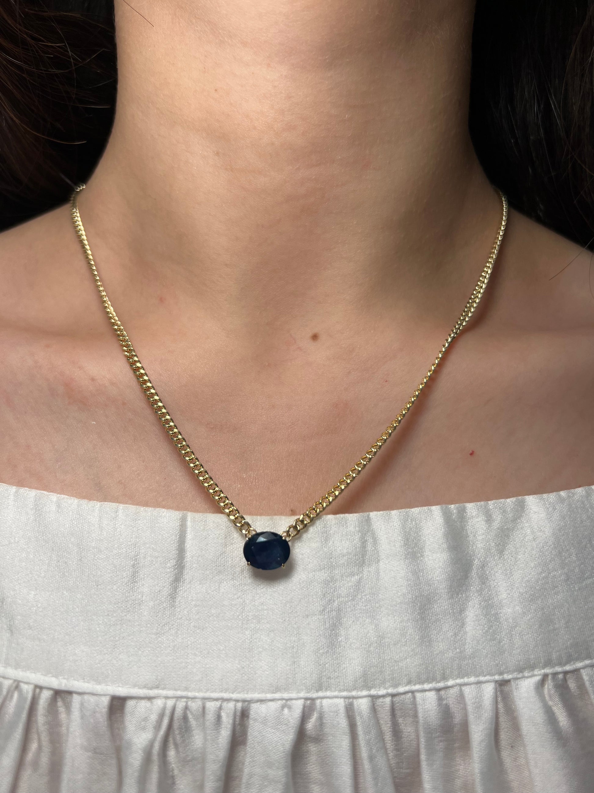 14K Yellow Gold Cuban Chain with Oval Sapphire Pendant