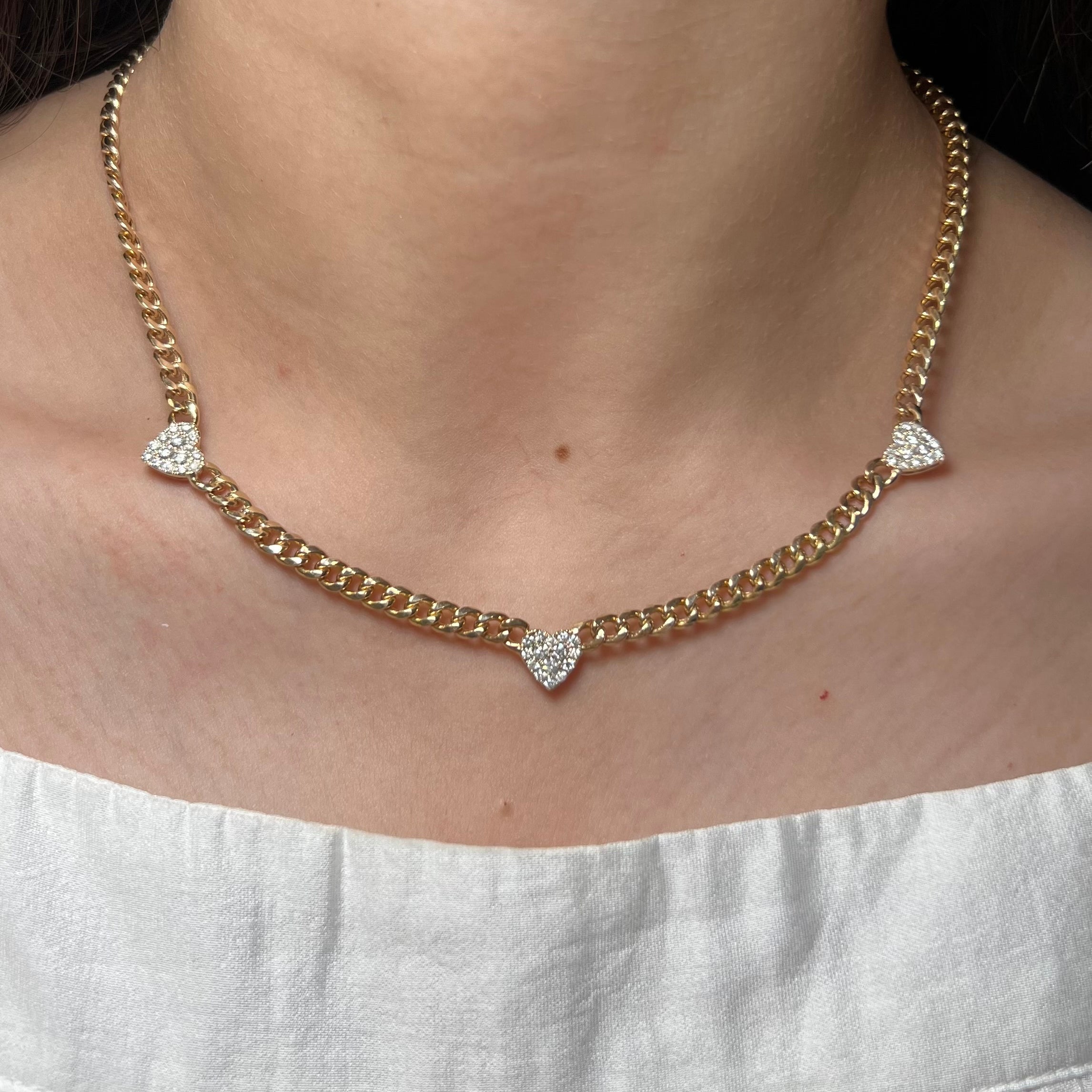 3 Diamond Heart Station Cuban Link Necklace