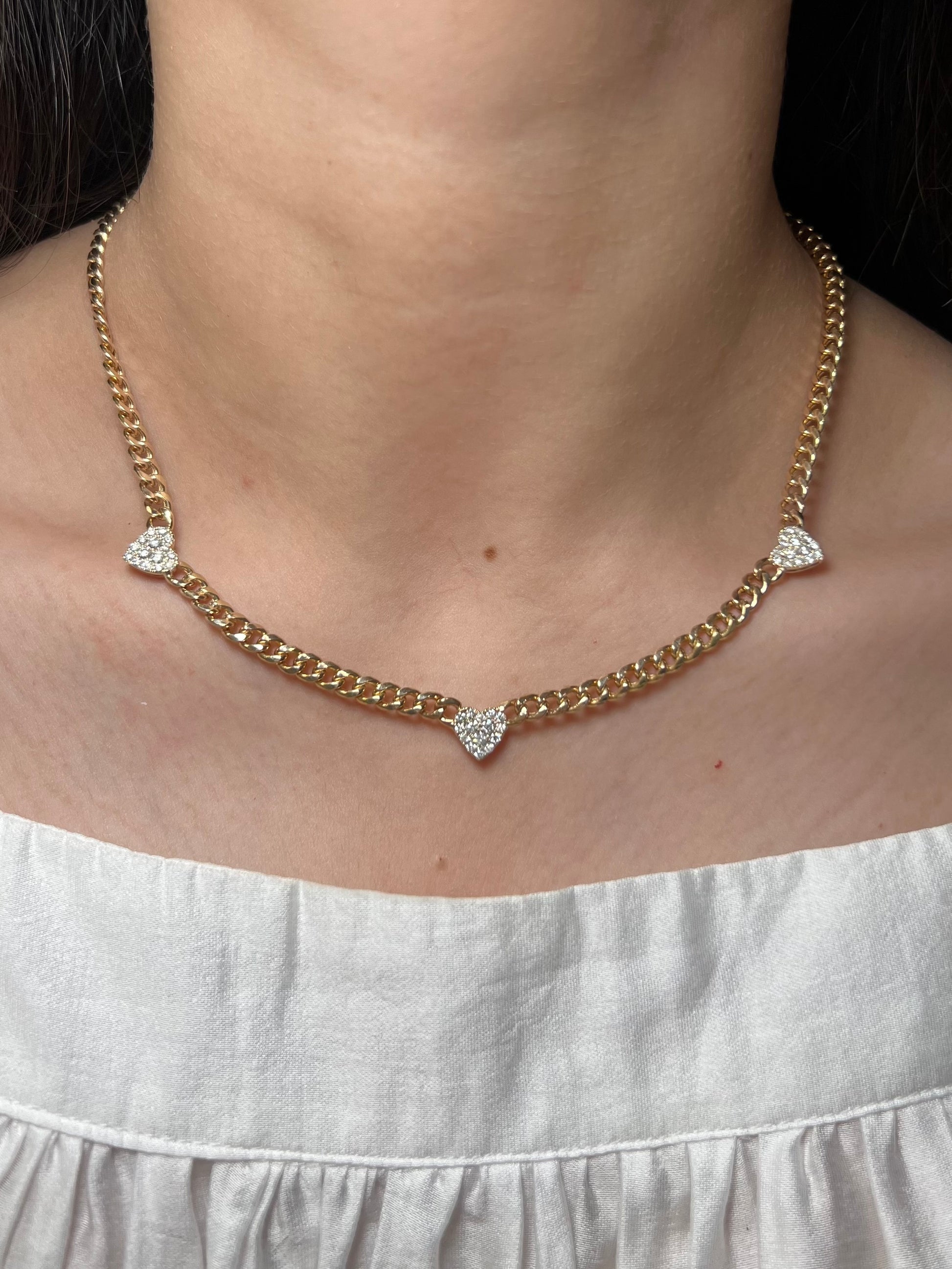 3 Diamond Heart Station Cuban Link Necklace