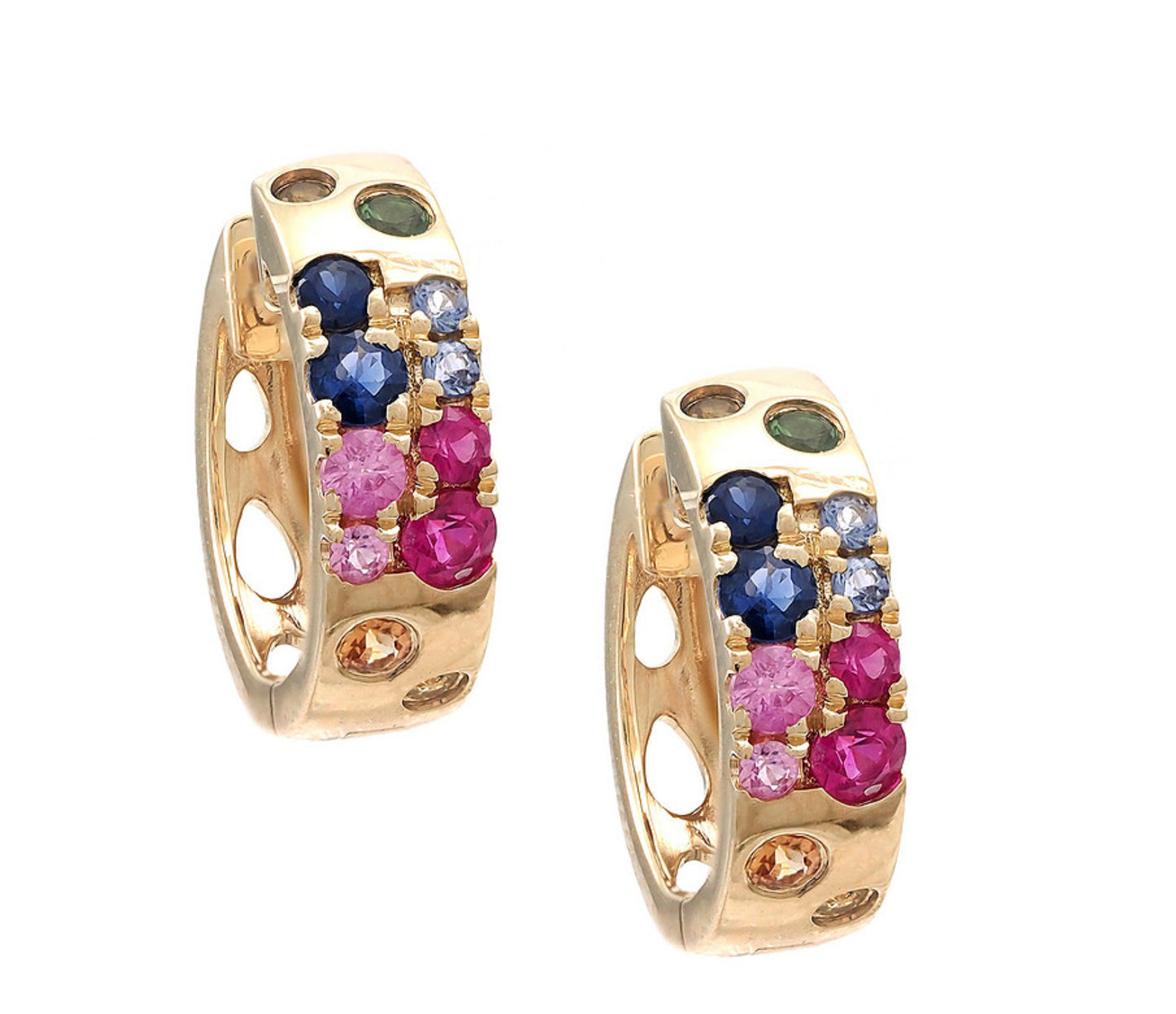 Yellow Gold Hoop Round Prong Multi-Gem Earring