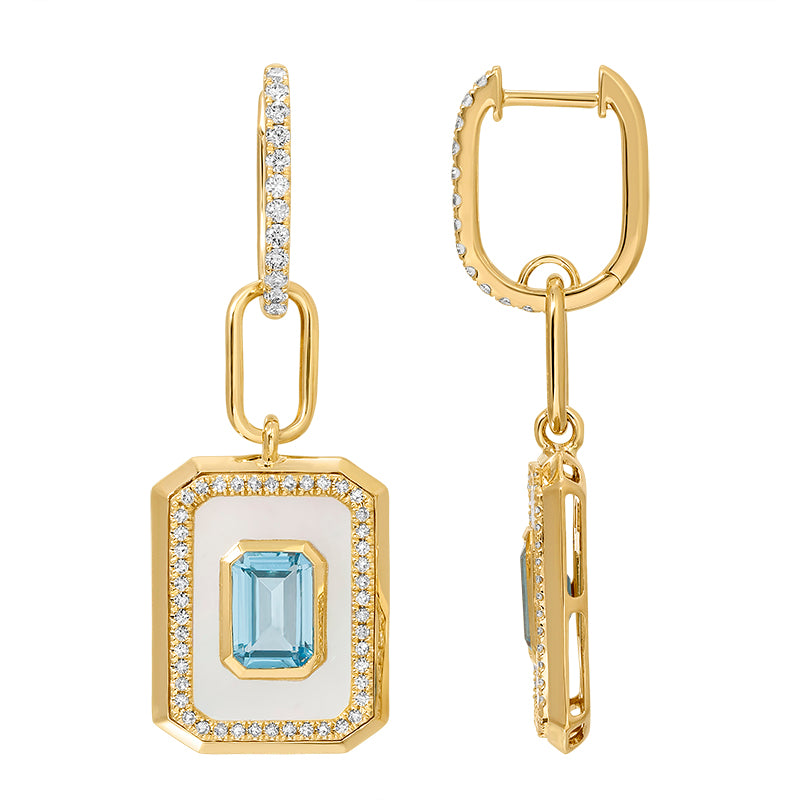 14k Yellow Gold Blue Topaz & Mop Diamond Earrings