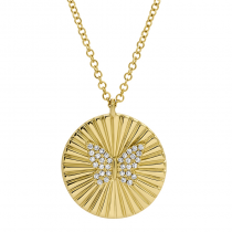 14k Yellow Gold Hand Made Lines / Fluted Butterfly Disc Diamond Necklace