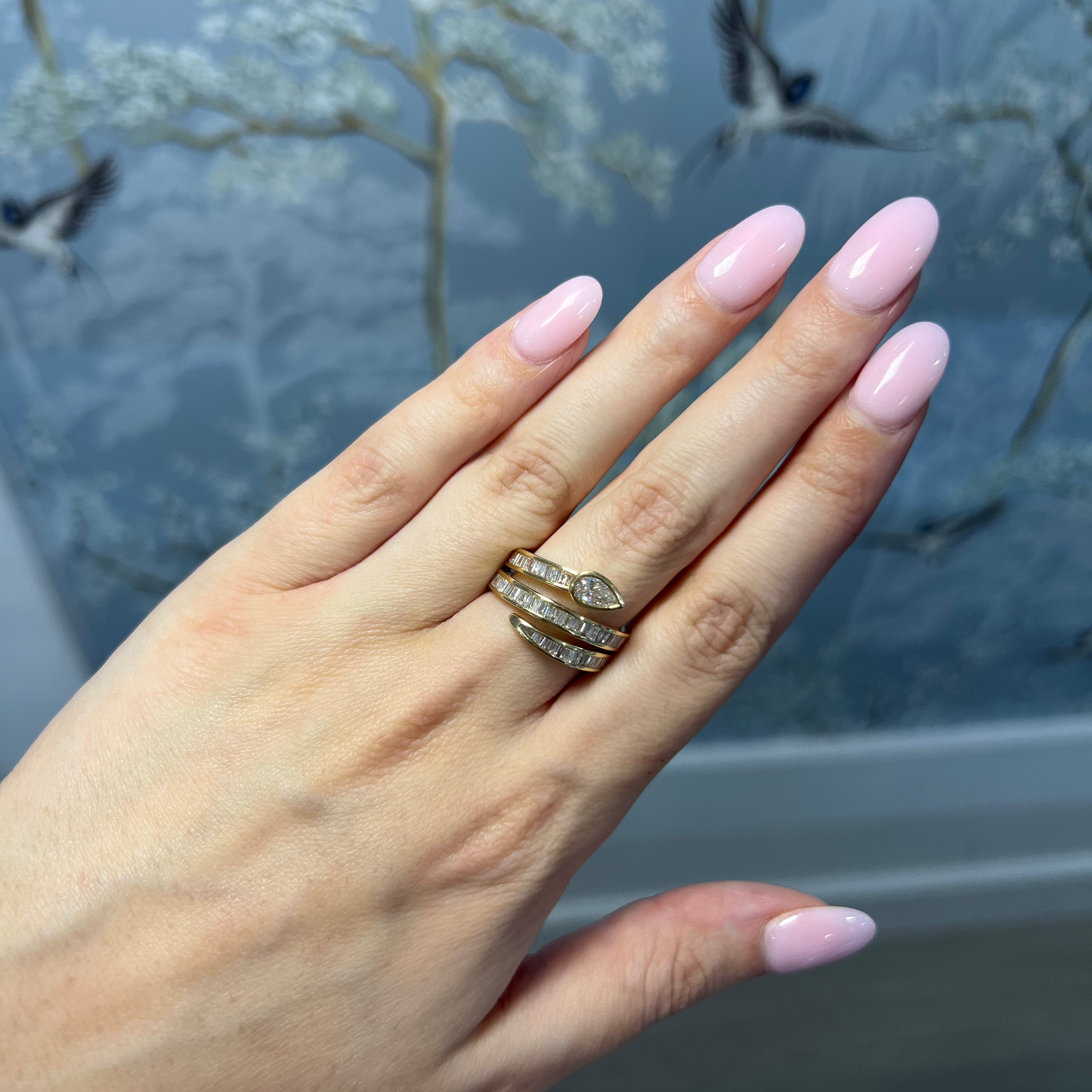 Diamond Baguette Spiral Wrap Ring with Pear