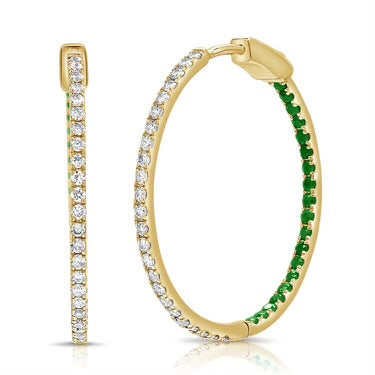 14k Yellow Gold Emerald and Diamond Hoop Earrings