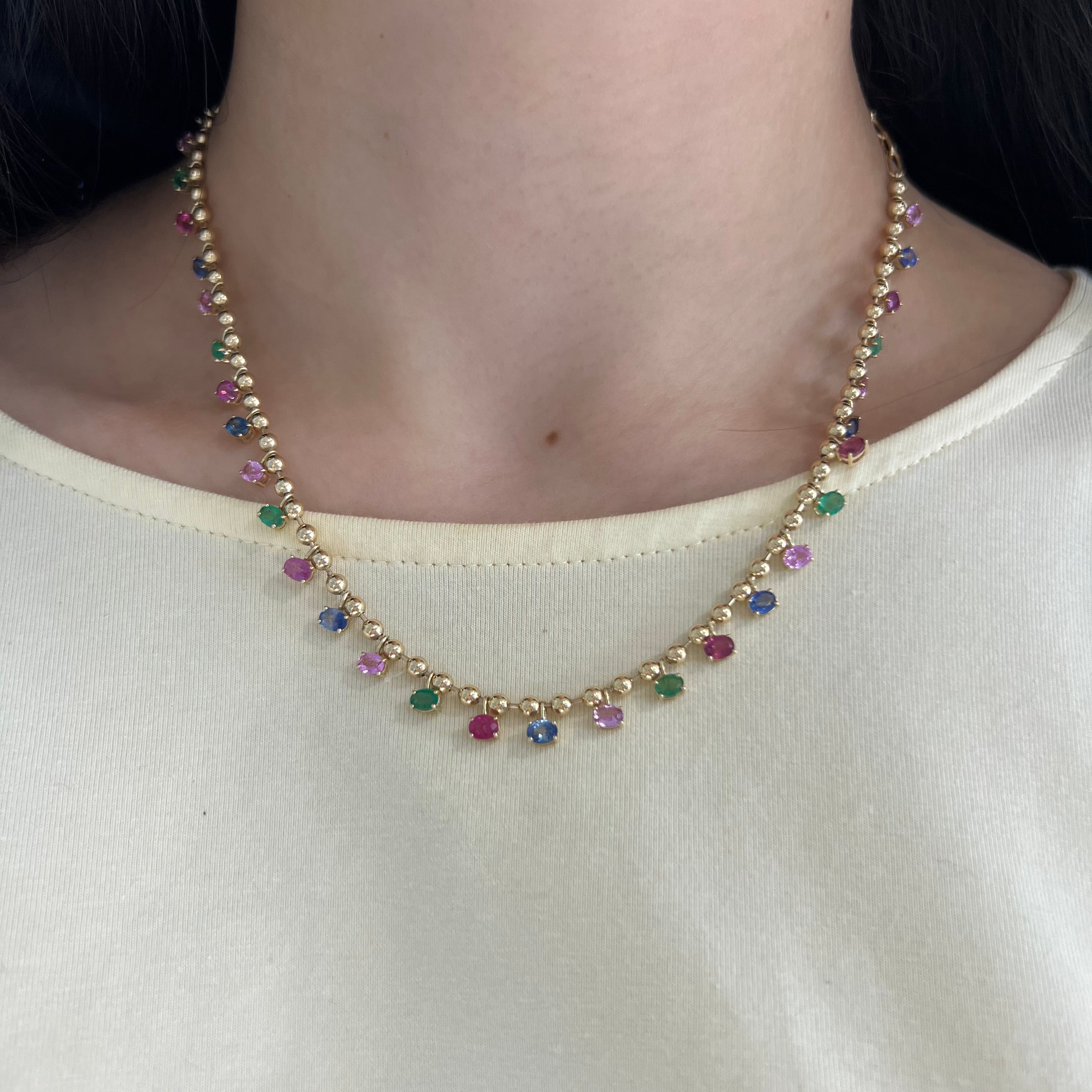 Colored Gemstones on Ball Chain Necklace