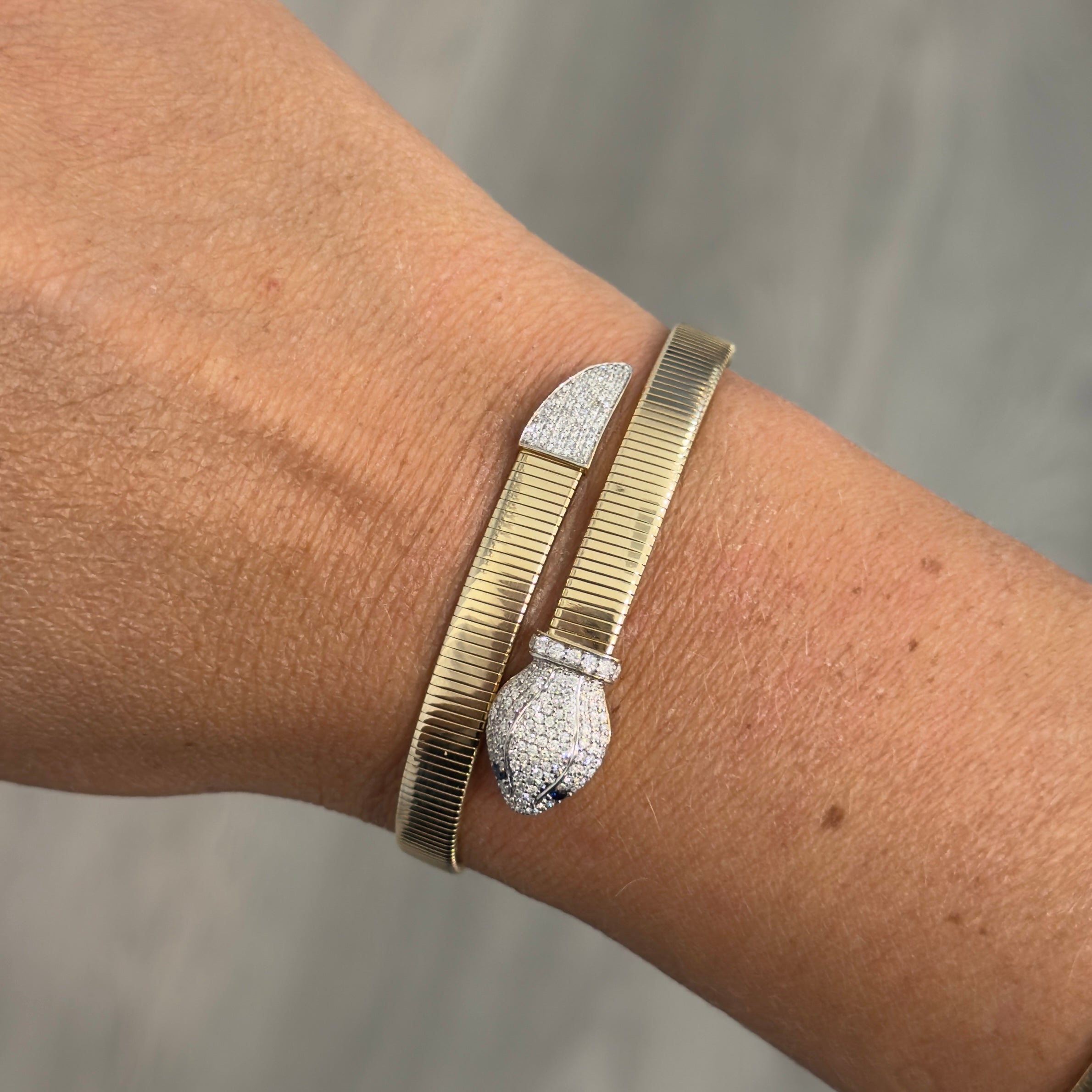 14K Gold and Diamond Snake Fluted Bangle