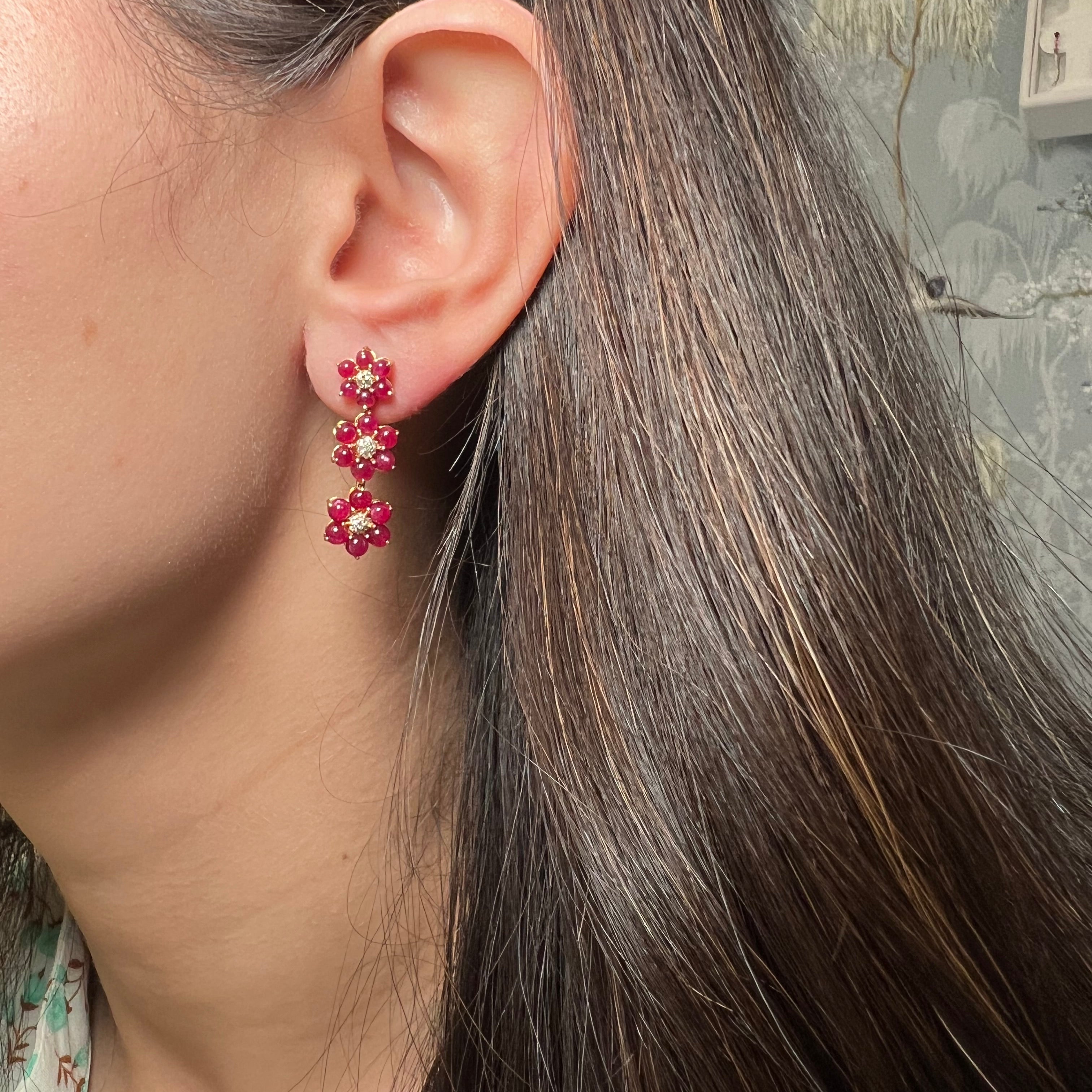 14k Yellow Gold Ruby and Diamond Flower Dangle Earring