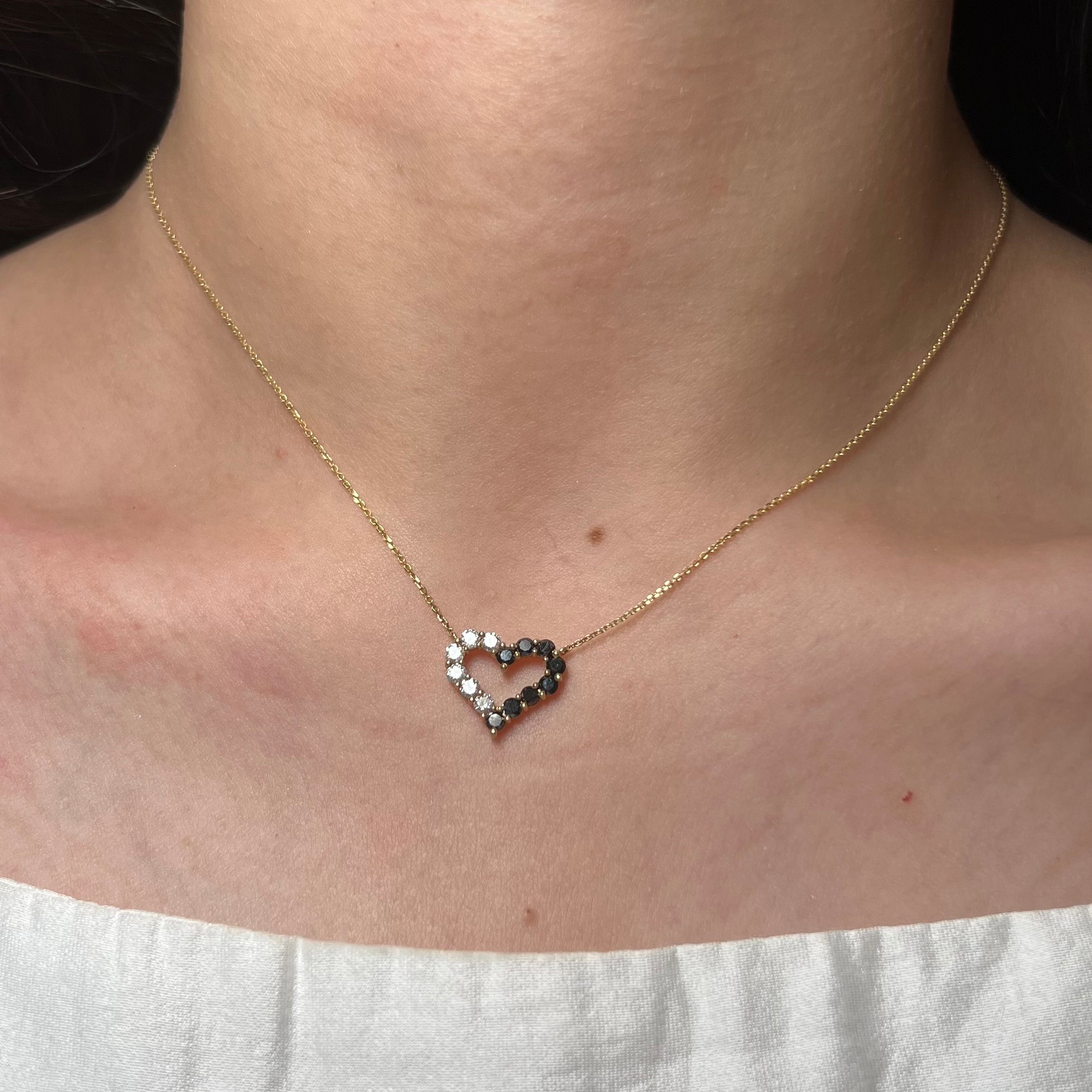 14k Gold Diamond and Black Diamond Heart Necklace