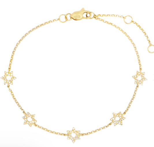 14K Gold Stars of David Station Diamond Bracelet