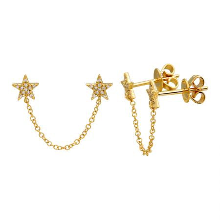 14k Yellow Gold Stars Diamond Double Stud Earring