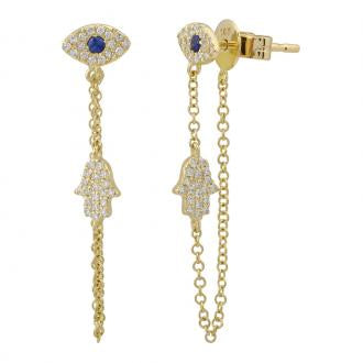 14k Yellow Gold Evil Eye & Hamsa Diamond Earrings