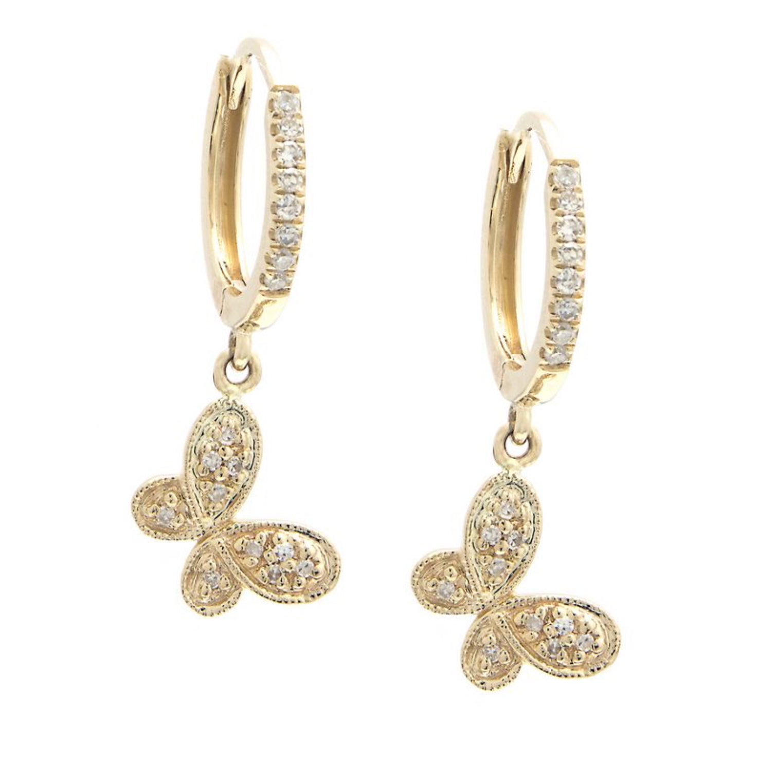 Yellow Gold Butterfly Single Pave Diamond Earrings