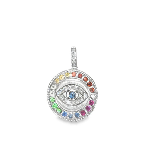 White gold round evil eye multi color stone charm