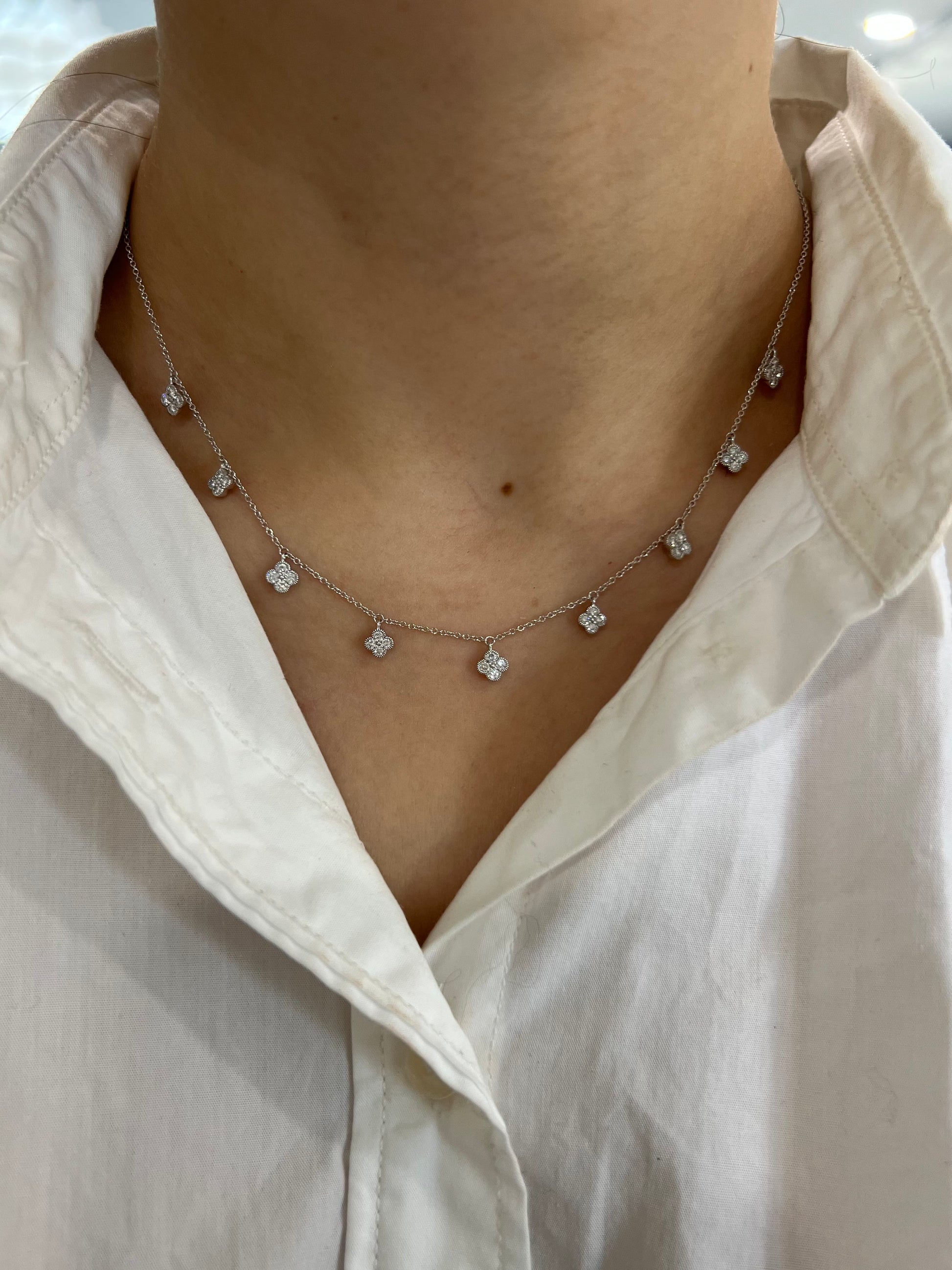 White Gold Diamond Clover Station Necklace