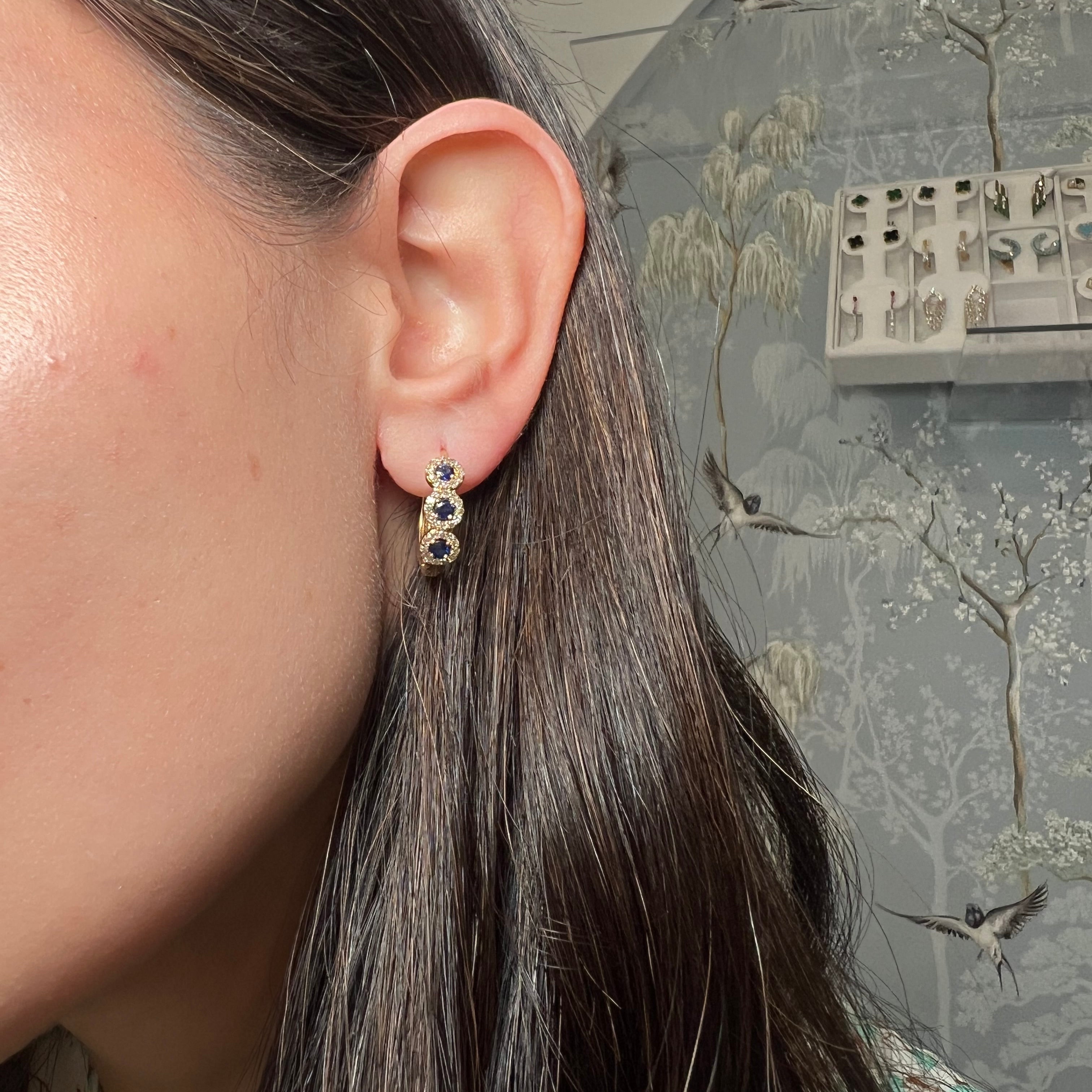 14k Yellow Gold Sapphire and Diamond Huggies