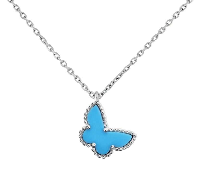 14k White Gold Blue Butterfly Pendant Necklace