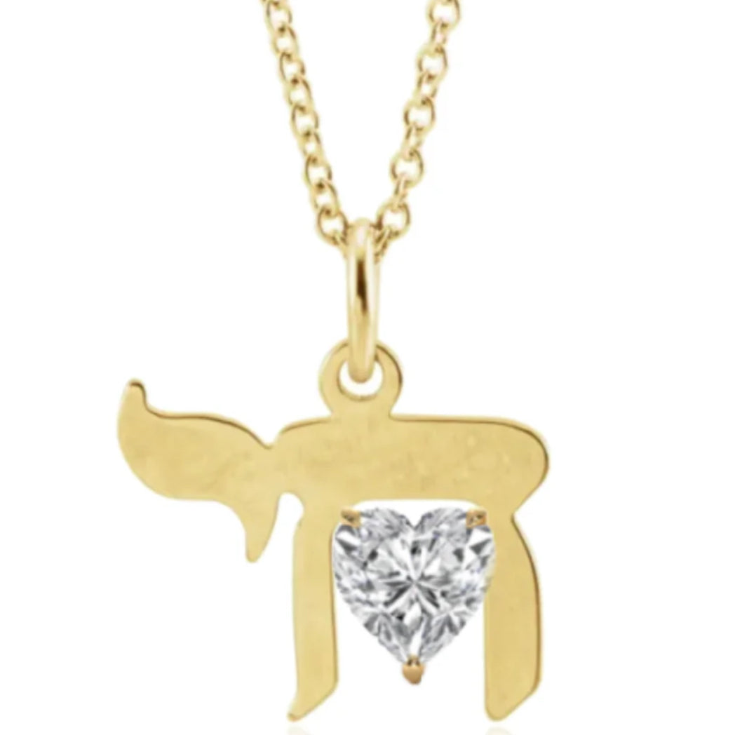 14K Chai Necklace with Diamond Heart