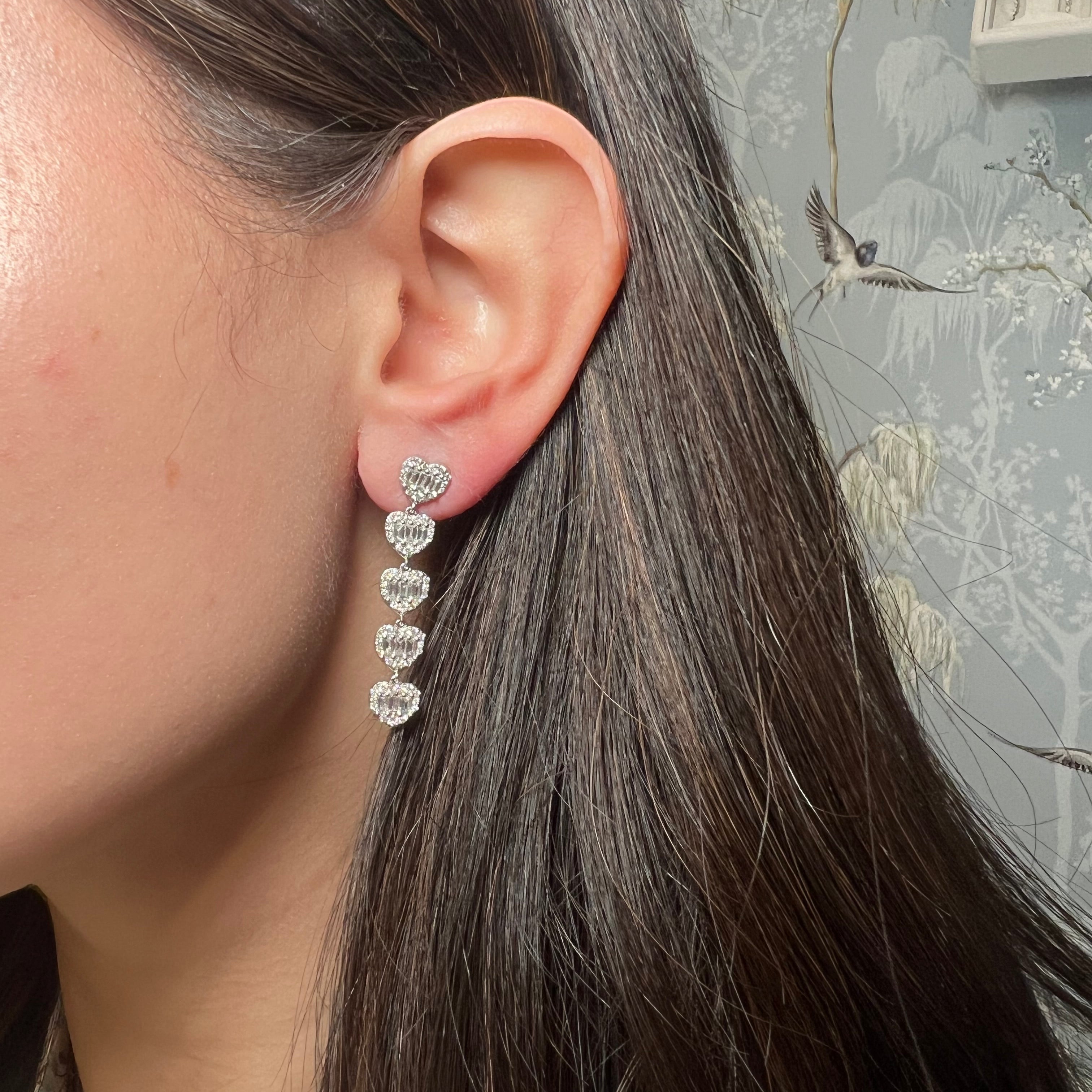 14k White Gold Baguette Diamond Dangle Earrings