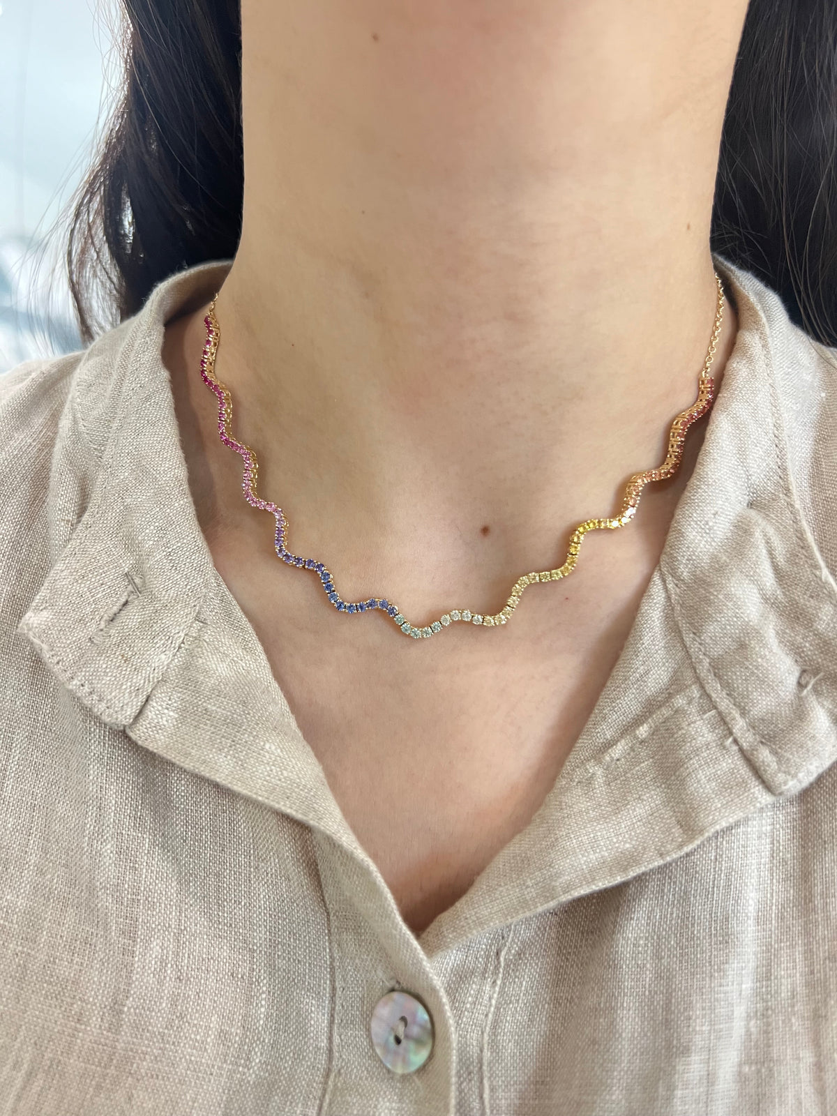 Rainbow Sapphire Wave Necklace