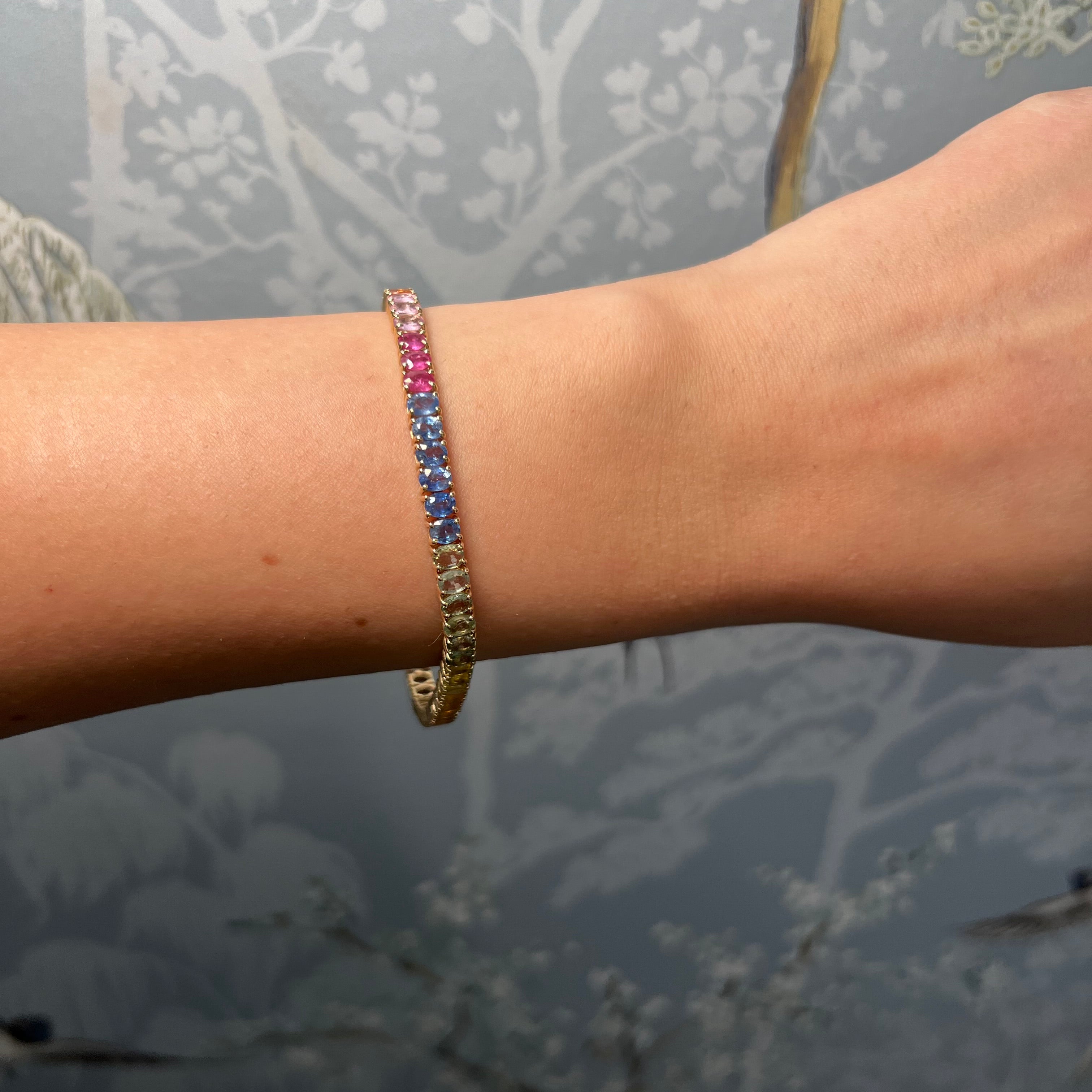 14k Yellow gold Rainbow Multicolored Sapphire Tennis Bracelet