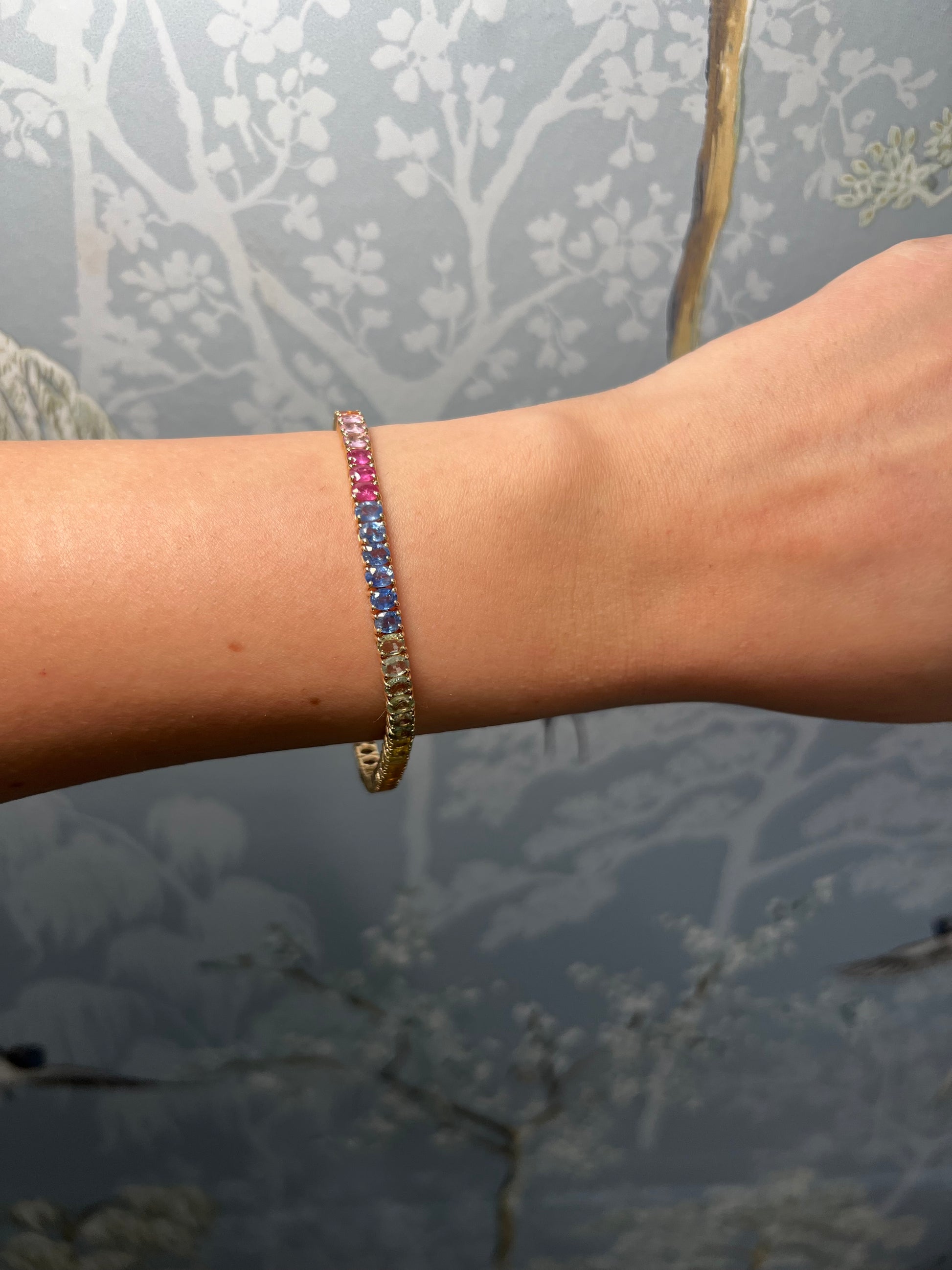 14k Yellow gold Rainbow Multicolored Sapphire Tennis Bracelet
