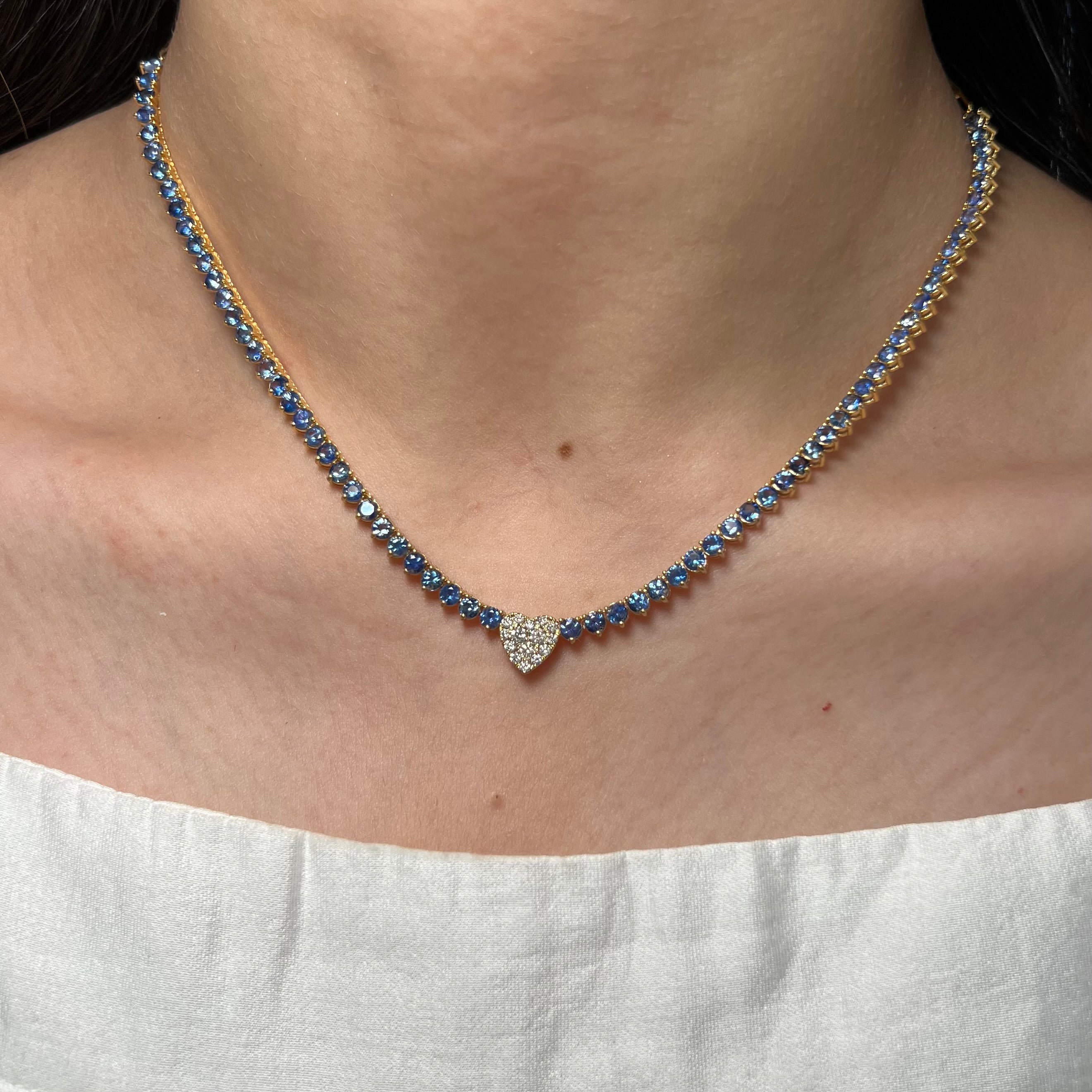 14K Yellow Gold Paper Clip Sapphire with Diamond Heart Pendant Tennis Necklace
