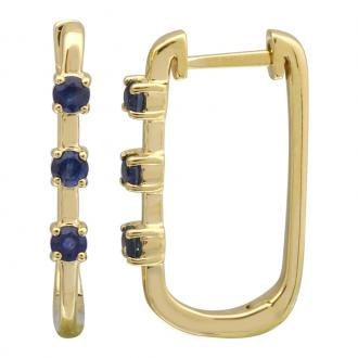 14k Yellow Gold Sapphire & Diamond Retangle Hoop Earring