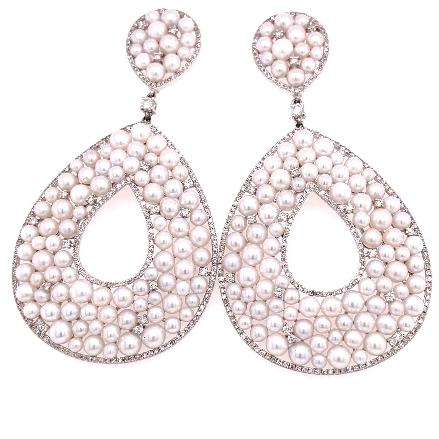 14k White Gold Pearl and Diamond Drop Earrings