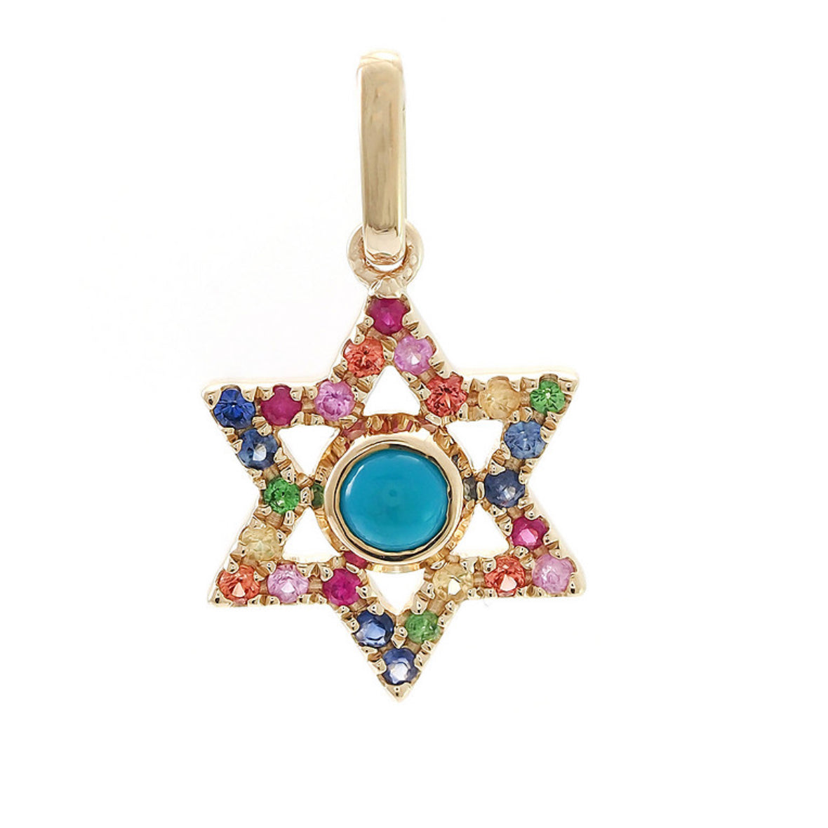 14k Yellow Gold Jewish Star Round Prong Multi-Gem Pendant