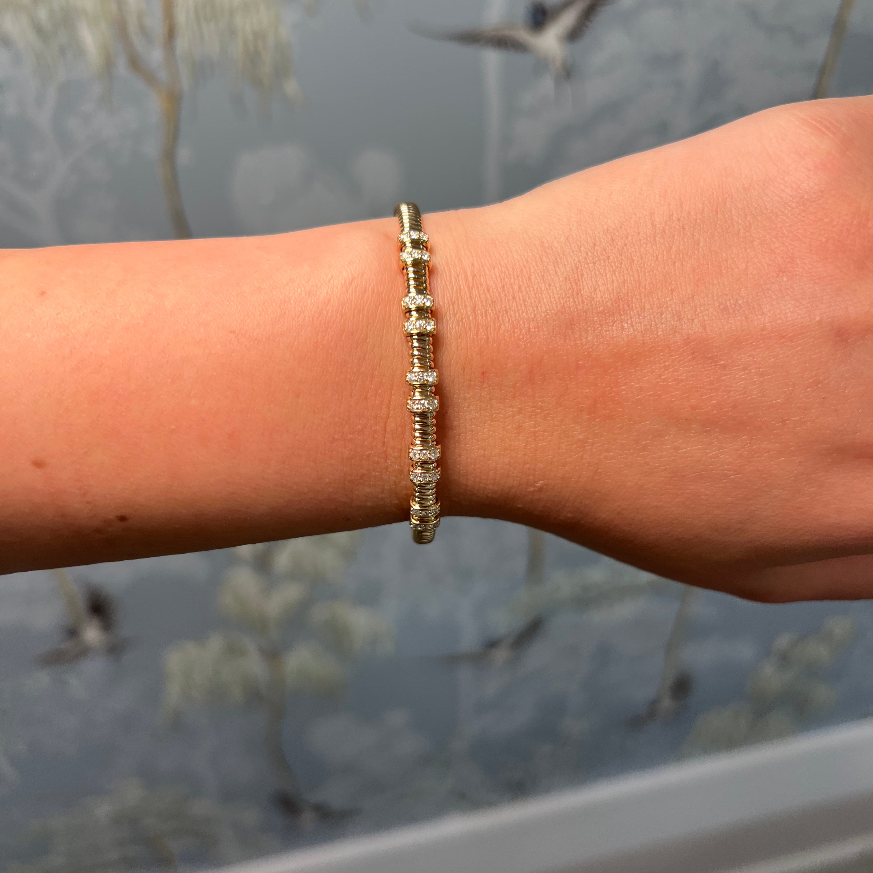 14k Yellow Gold and Diamond Fluted Bangle
