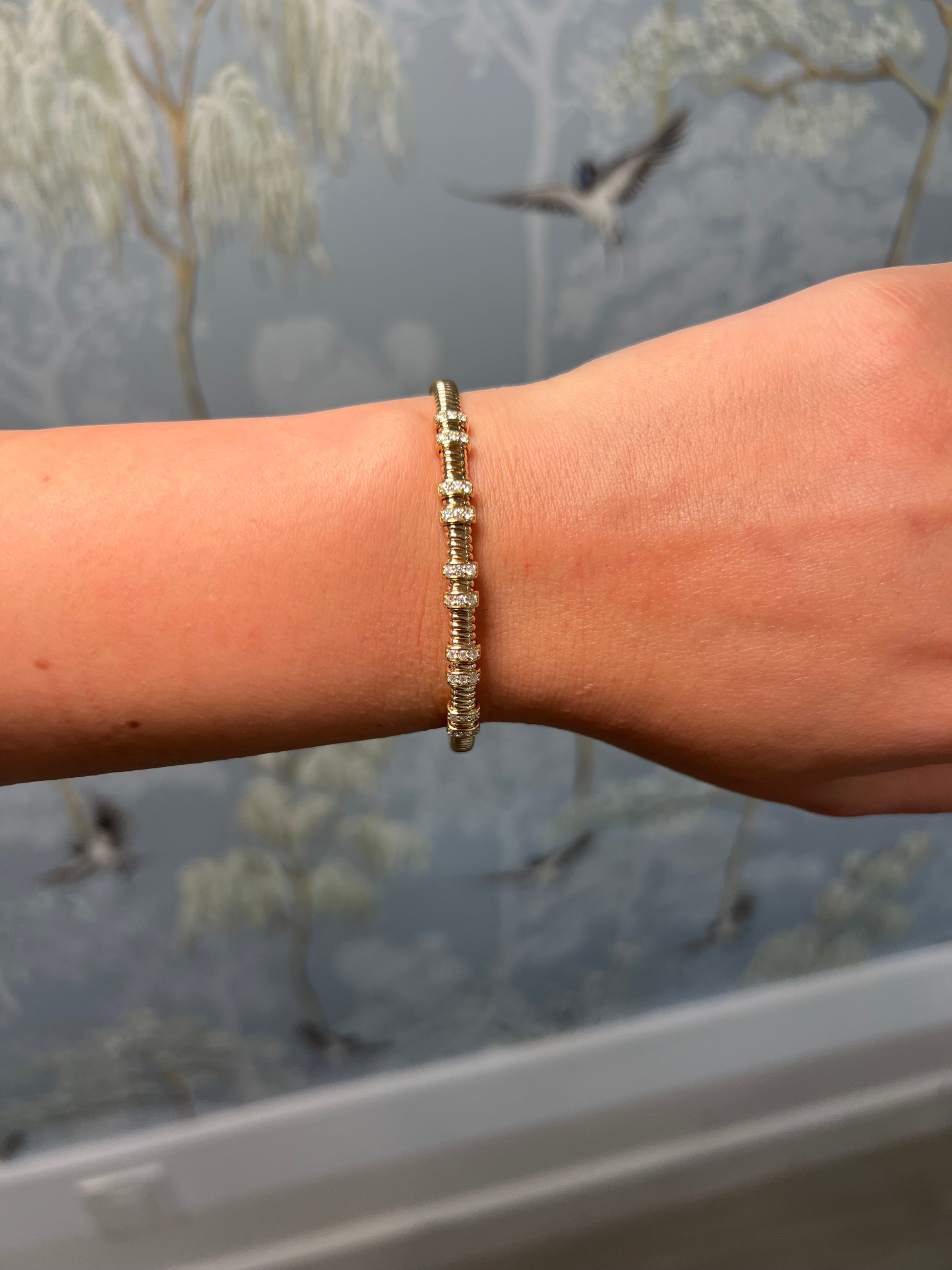 14k Yellow Gold and Diamond Fluted Bangle