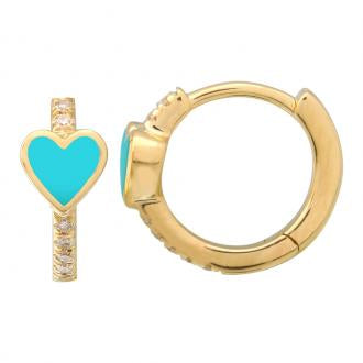 14k Yellow Gold Heart Enamel Diamond Huggie Earrings