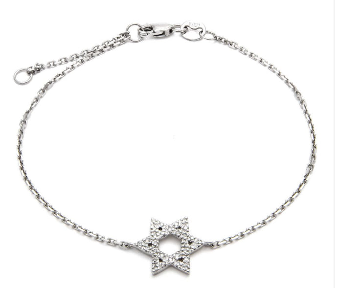 14k White Gold Jewish Star Single Prong Diamond Bracelet