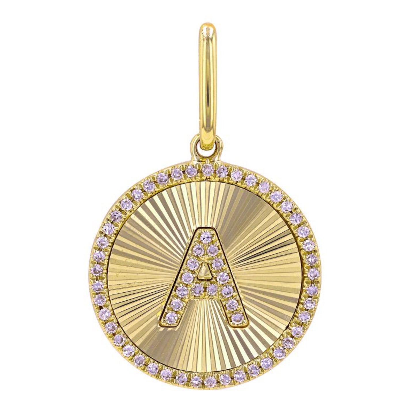 14k Yellow Gold Lines / Fluted Disc Diamond Initial Necklace Charm