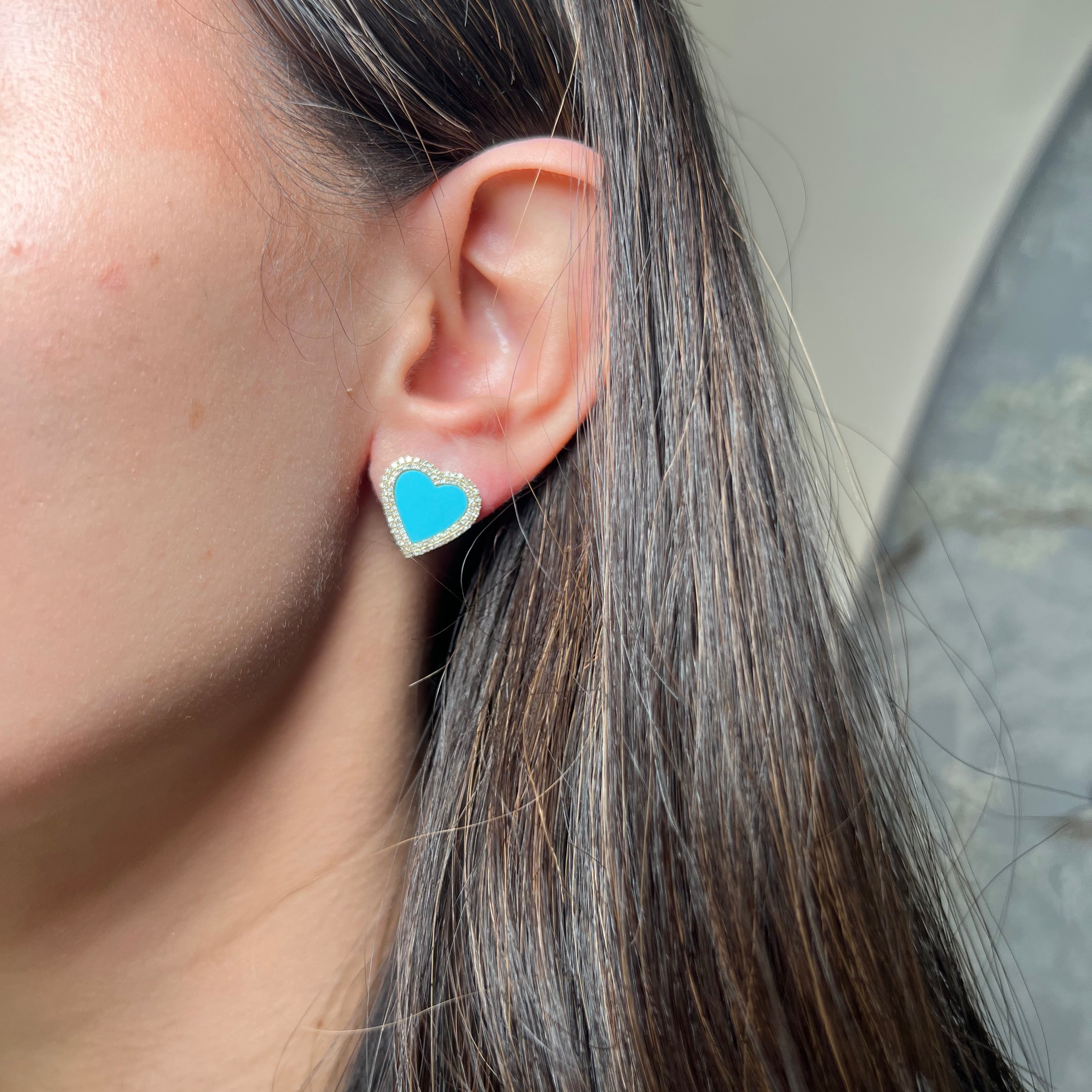 14k Gold Diamond Turquoise Heart Studs