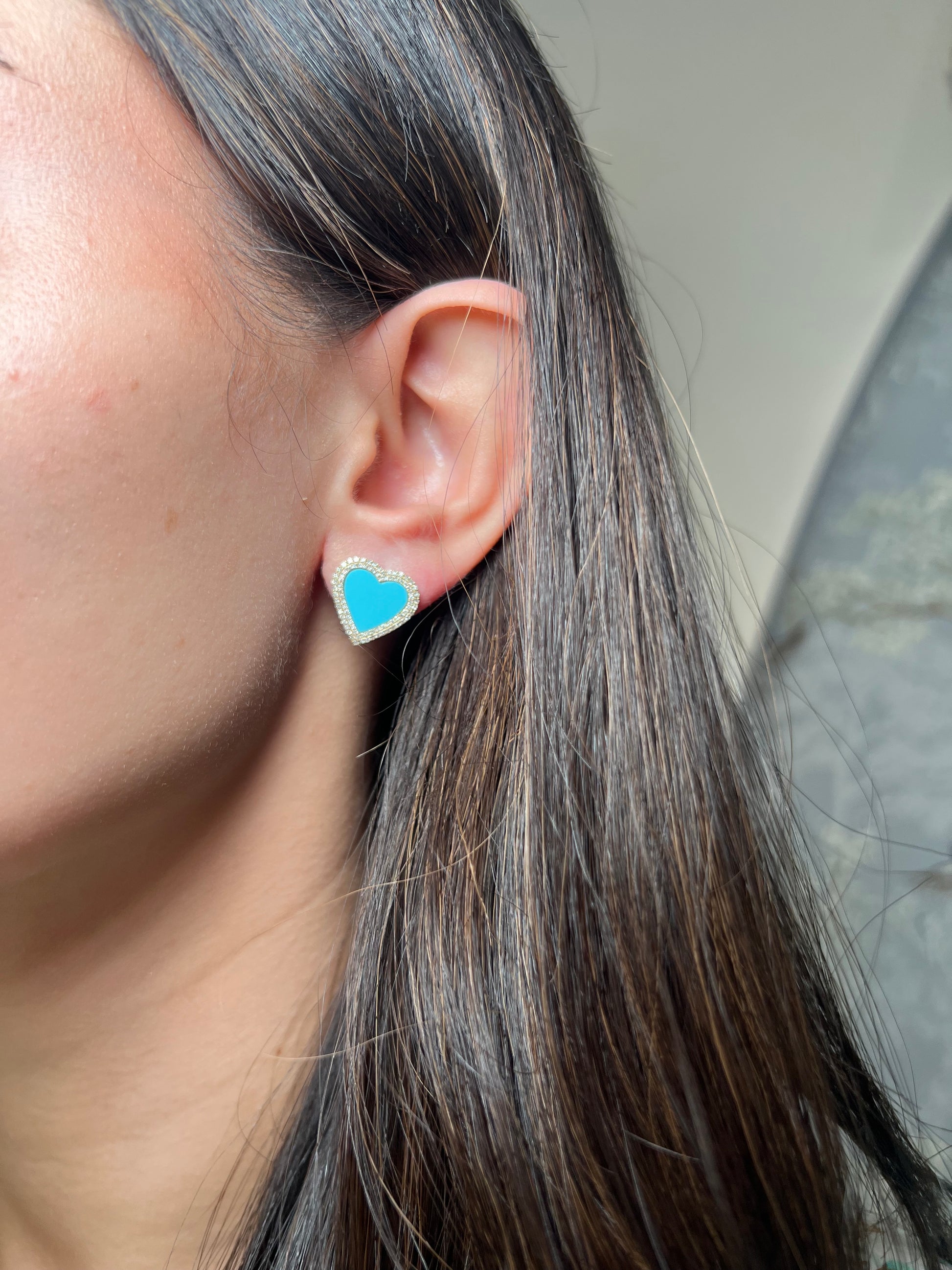14k Gold Diamond Turquoise Heart Studs