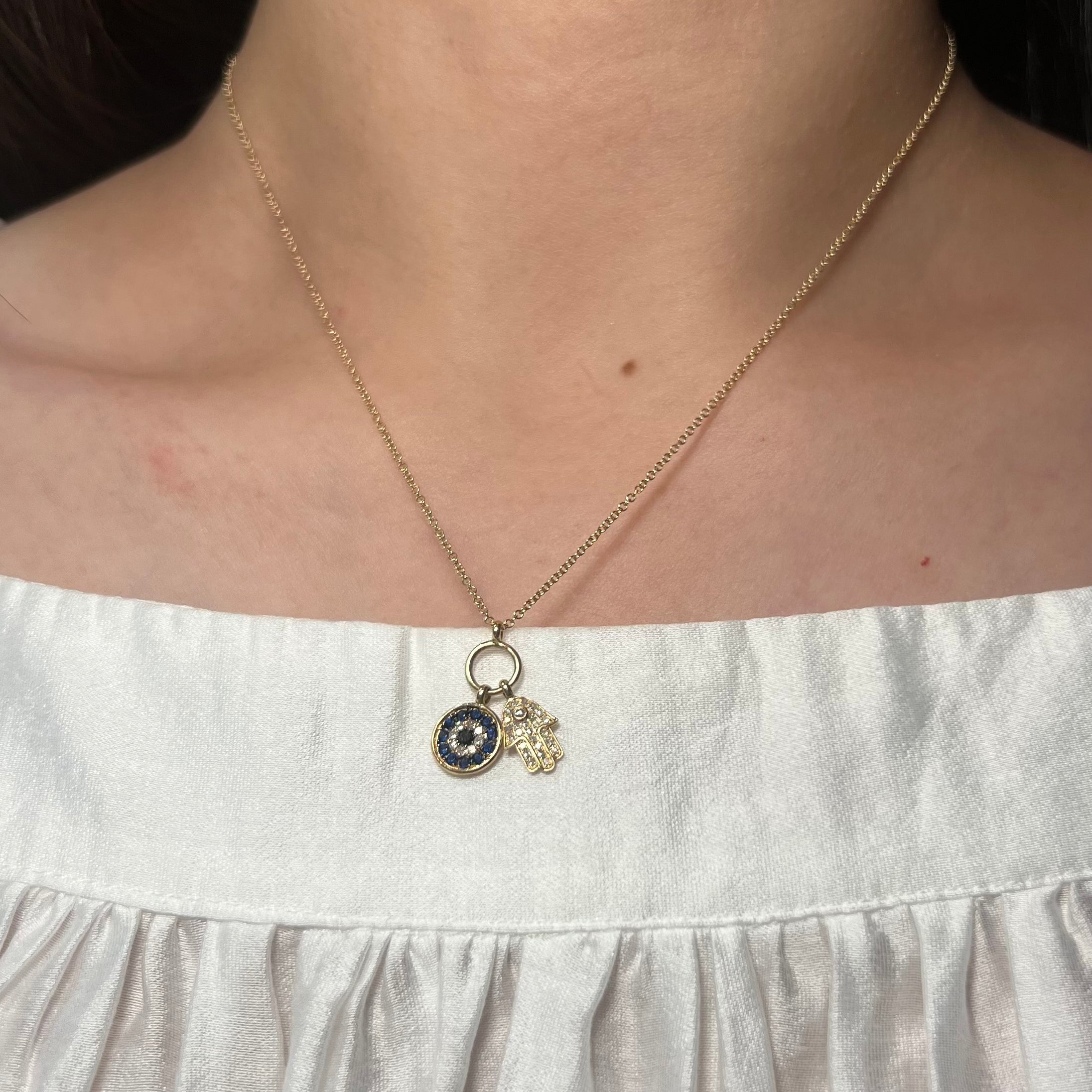14K Yellow Gold Hamsa and Sapphire Evil Eye Necklace