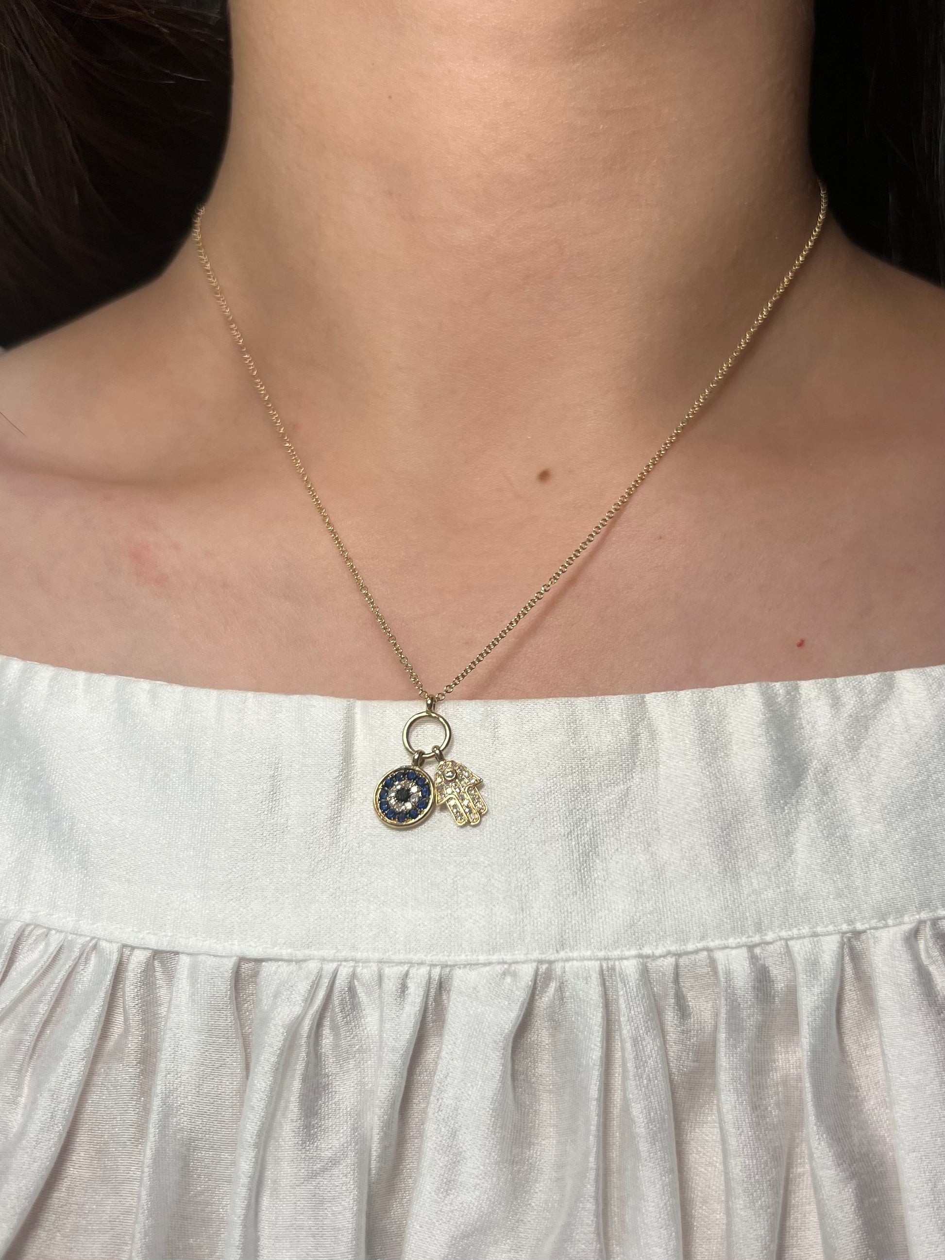 14K Yellow Gold Hamsa and Sapphire Evil Eye Necklace
