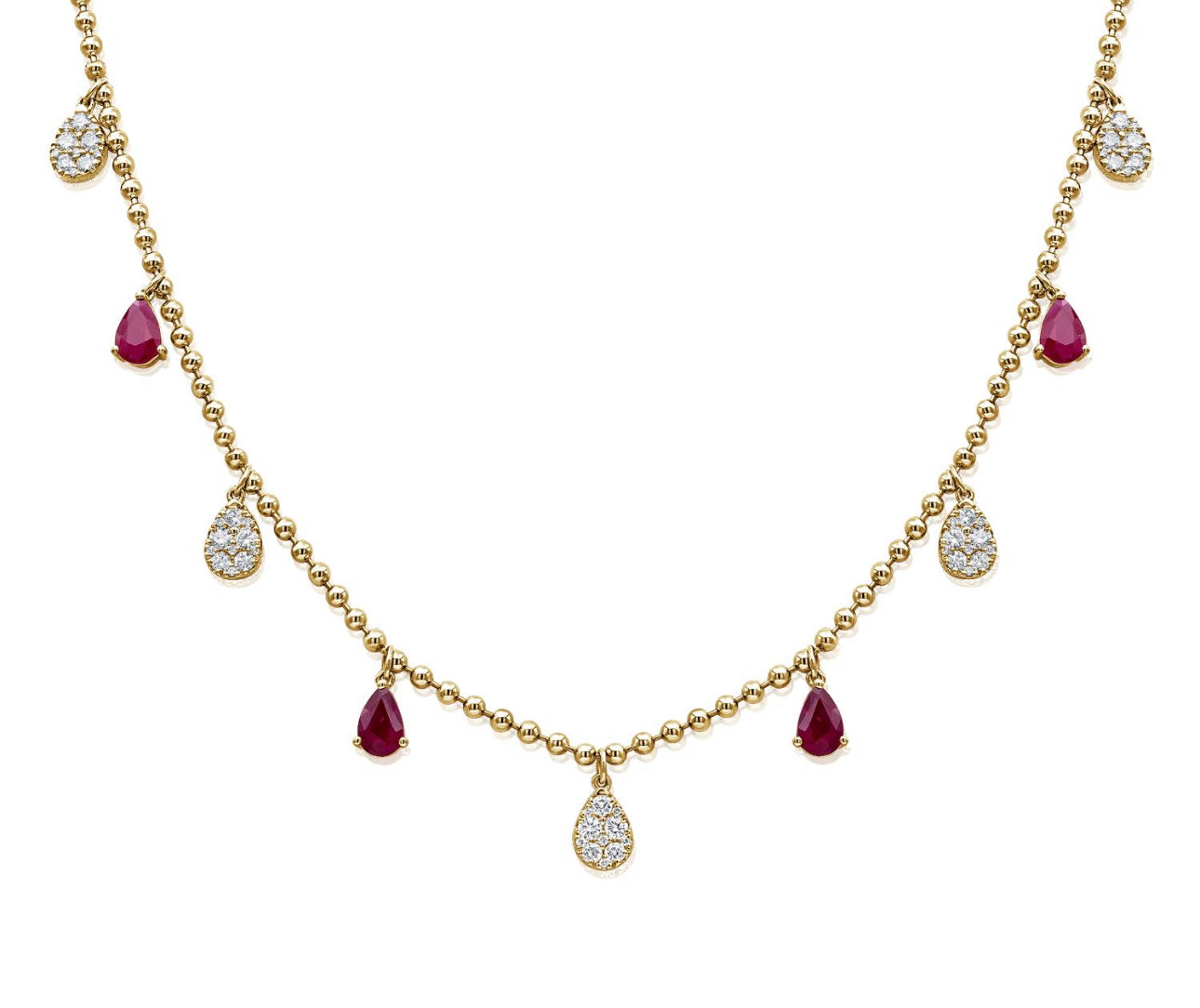 14k Yellow Gold Diamond and Pink Sapphire Station Beaded Necklace