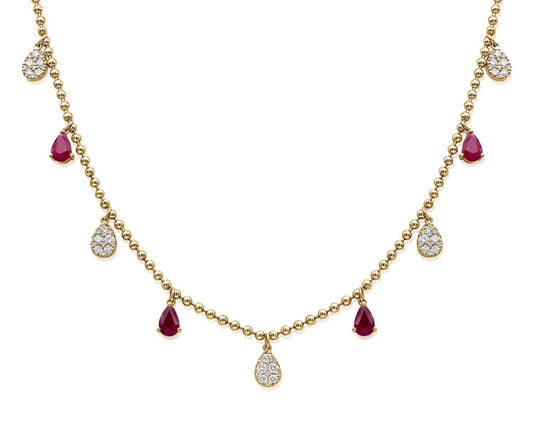 14k Yellow Gold Diamond and Pink Sapphire Station Beaded Necklace