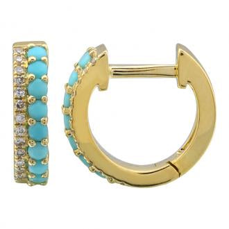 14k Yellow Gold Turquoise & Diamond Huggie Earrings