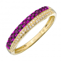 14k Yellow Gold Half Ruby & Half Diamond Ring / Pink Rhodium