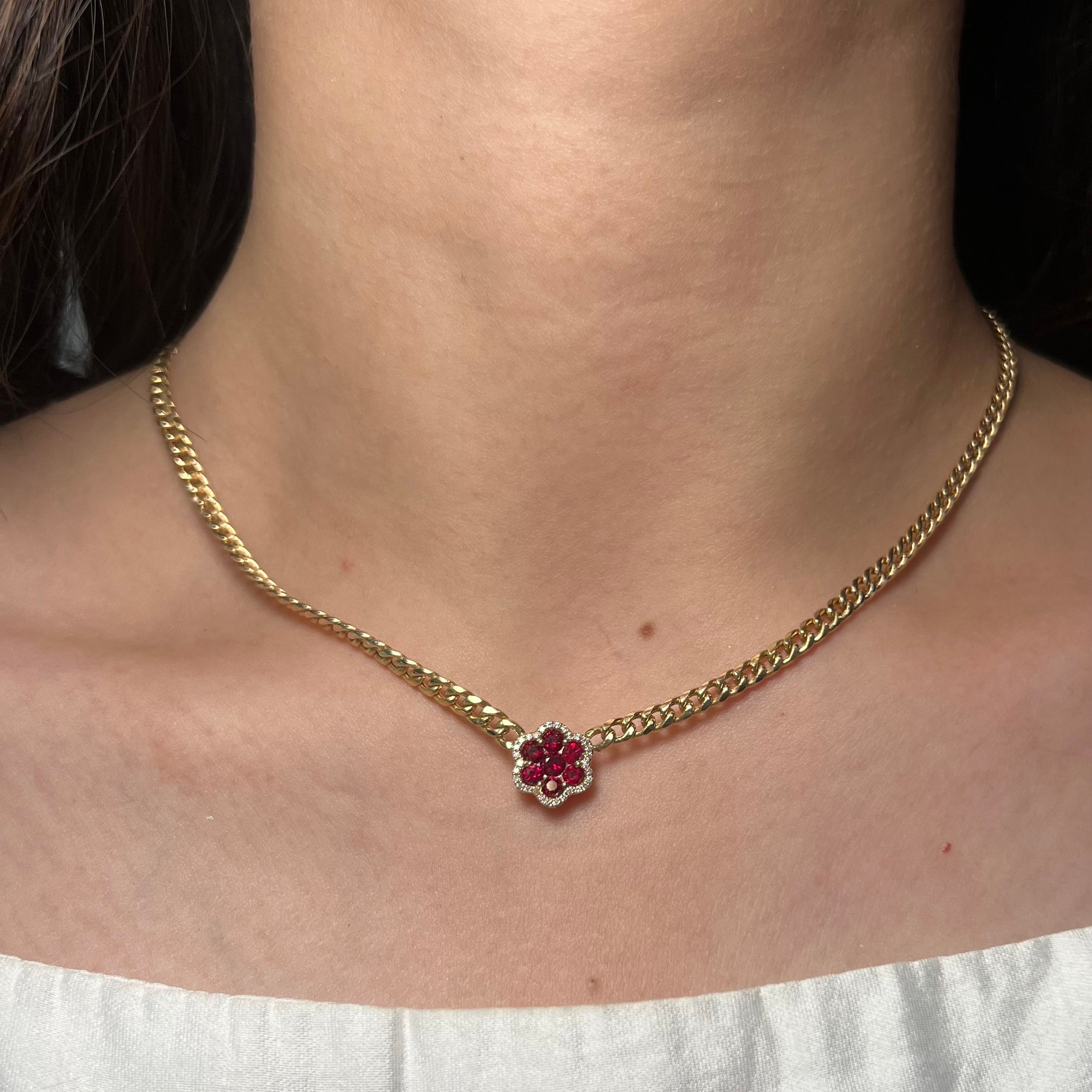 14K Yellow Gold Cuban Necklace with Ruby Flower Pendant