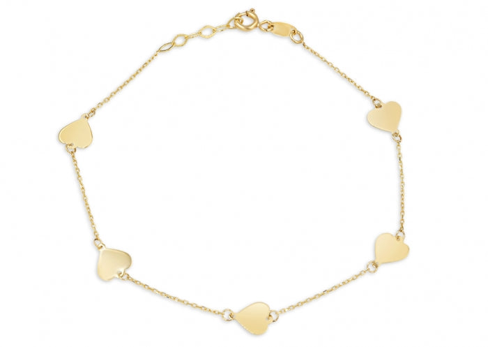 14k Yellow Gold 5 Heart Bracelet