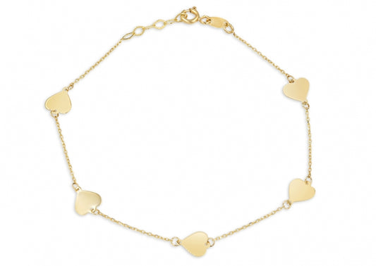 14k Yellow Gold 5 Heart Bracelet