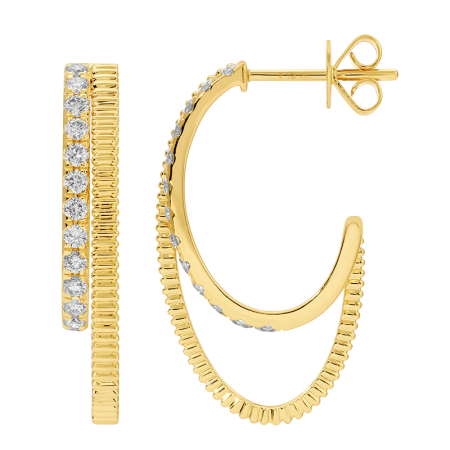 14k Yellow Gold Hand Made Lines / Fluted Diamond Double J Hoop Earrings
