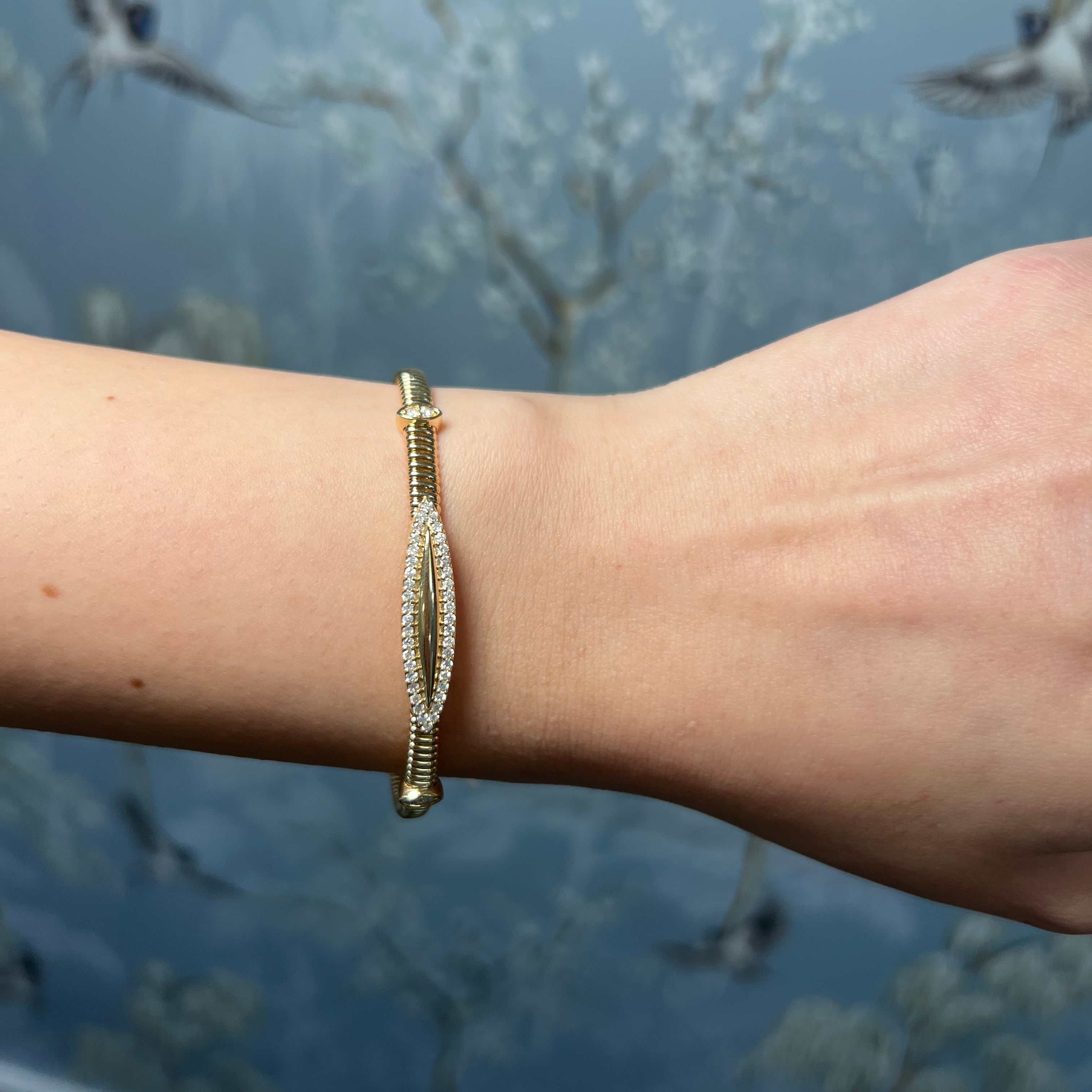 Yellow Gold Fluted and Diamond Bangle
