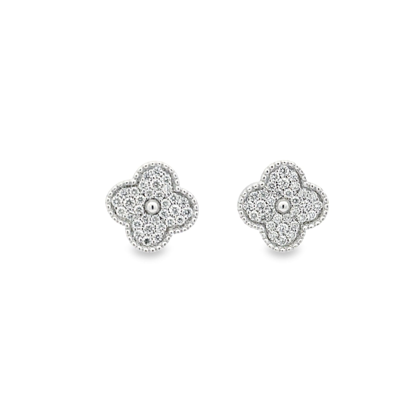 14k White Gold Diamond Clover Studs